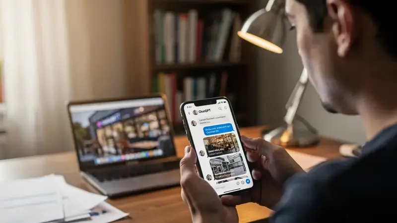 Pessoa pedindo recomendação de negócio local ao ChatGPT no celular Ser citado pela IA na hora certa é o novo primeiro lugar do Google.